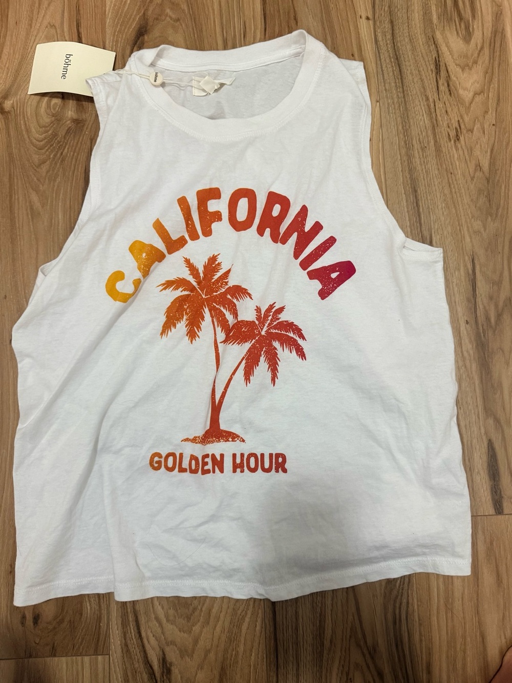 bohme White Tank Top with Orange and Red California Graphic